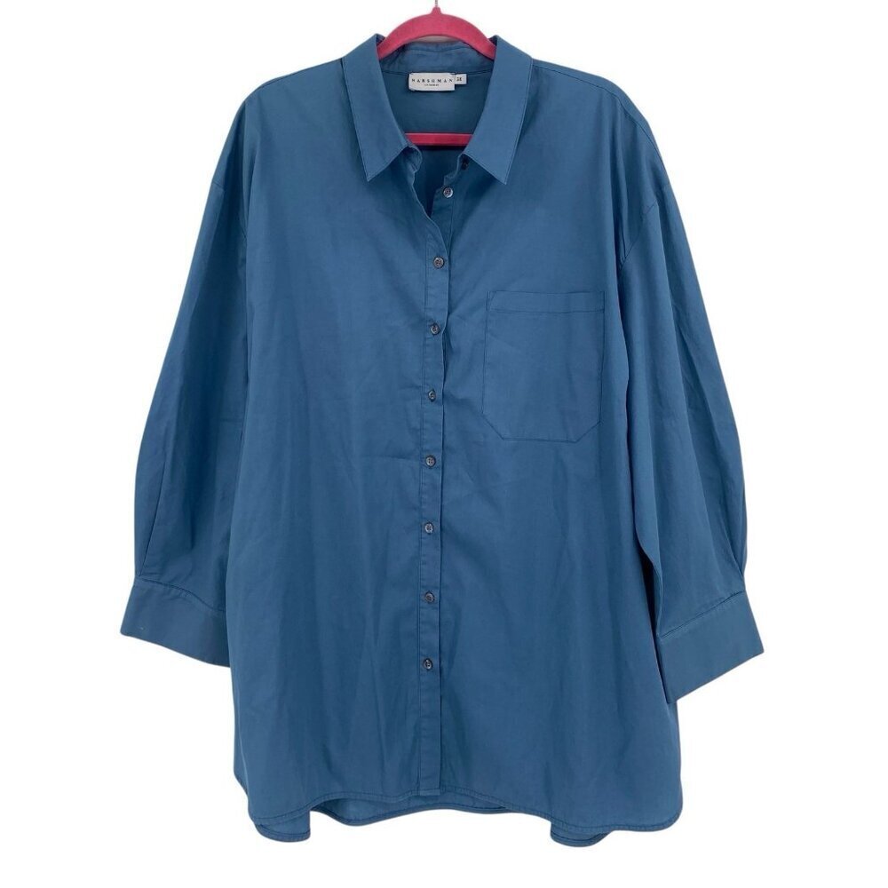 Harshman Plus Size 3X Blue Vivant Tunic 100% Cotton Relaxed Fit Button Up